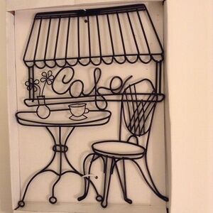 Black Cafe Bistro Sign With A Chair Table Cup of Coffee Flowers Awning For Wall